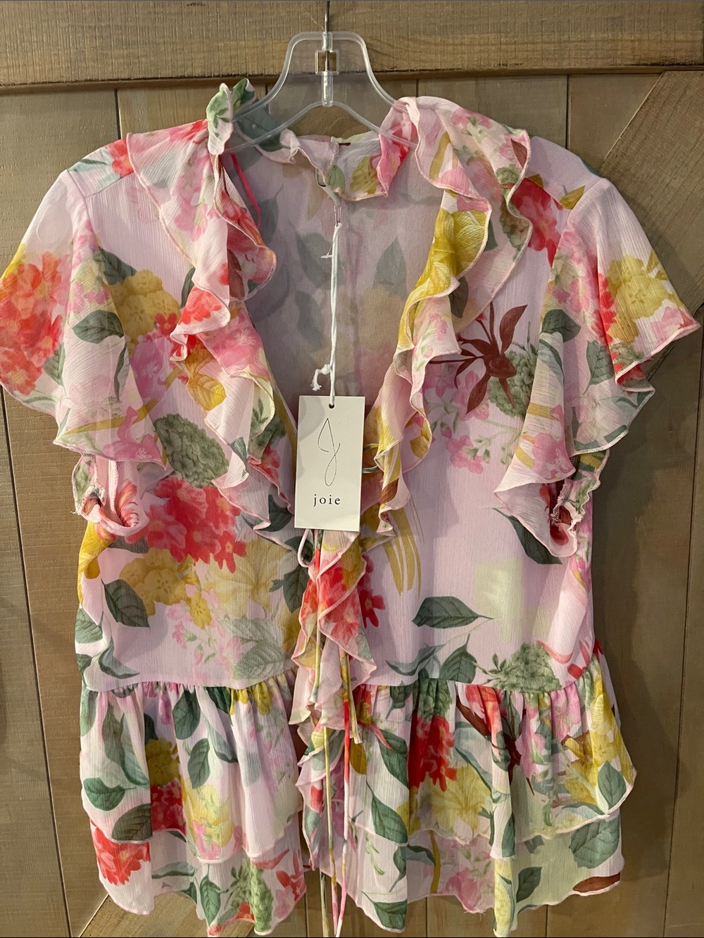 Joie Pastel Pink Floral Ruffle-Front Blouse